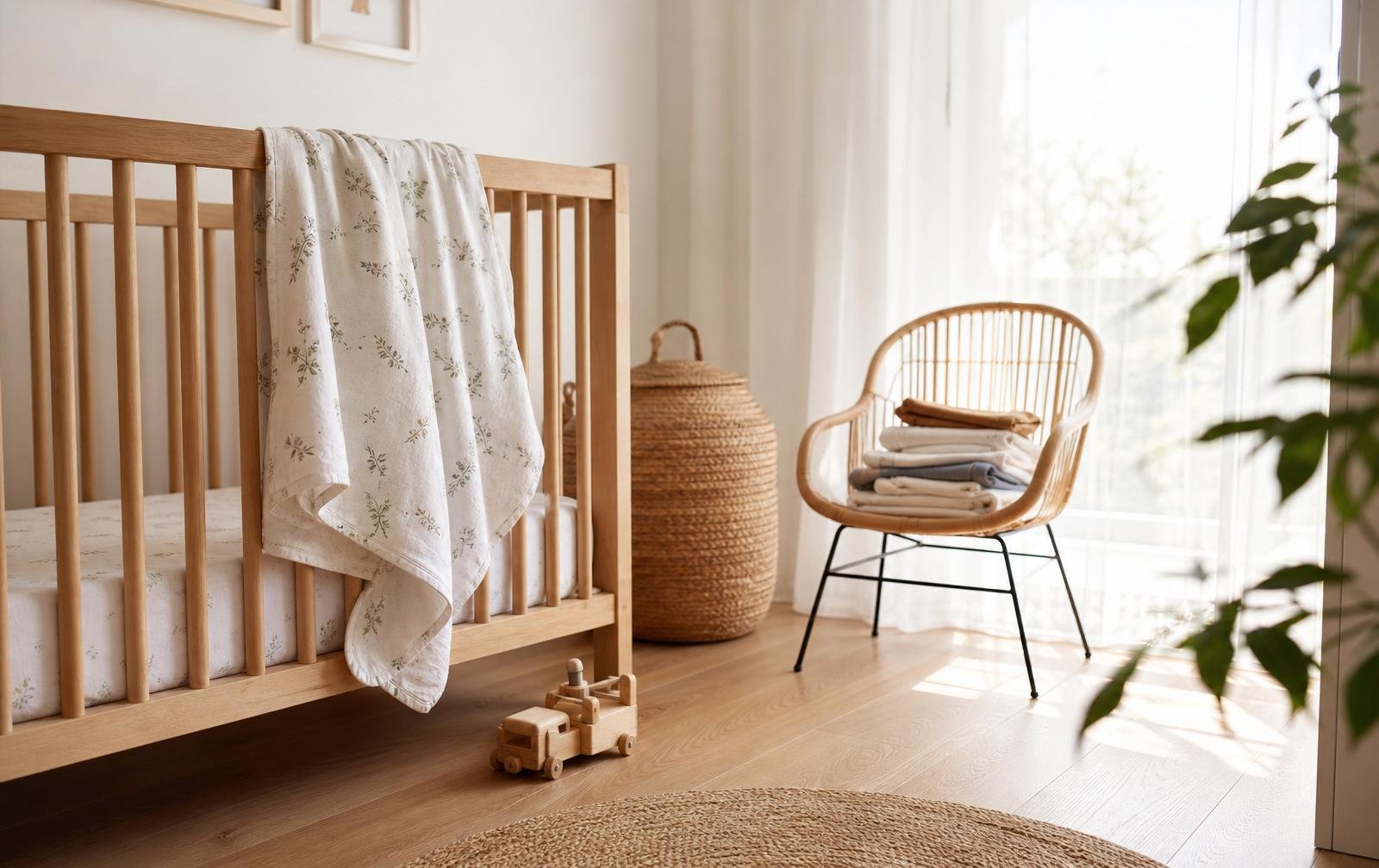 A soft nursery scene with baby bodysuits and toddler shirts folded on a blanket