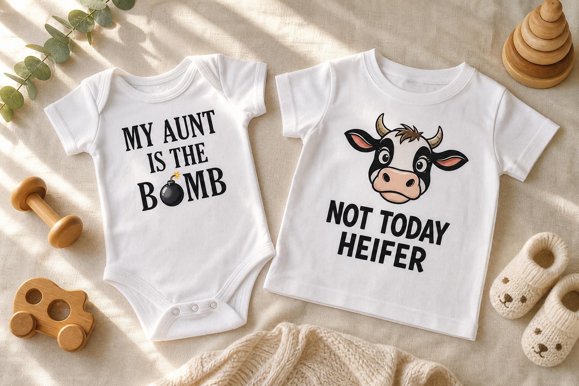 Flat-lay of the My Aunt Is The Bomb bodysuit and Not Today Heifer toddler tee with wooden nursery props