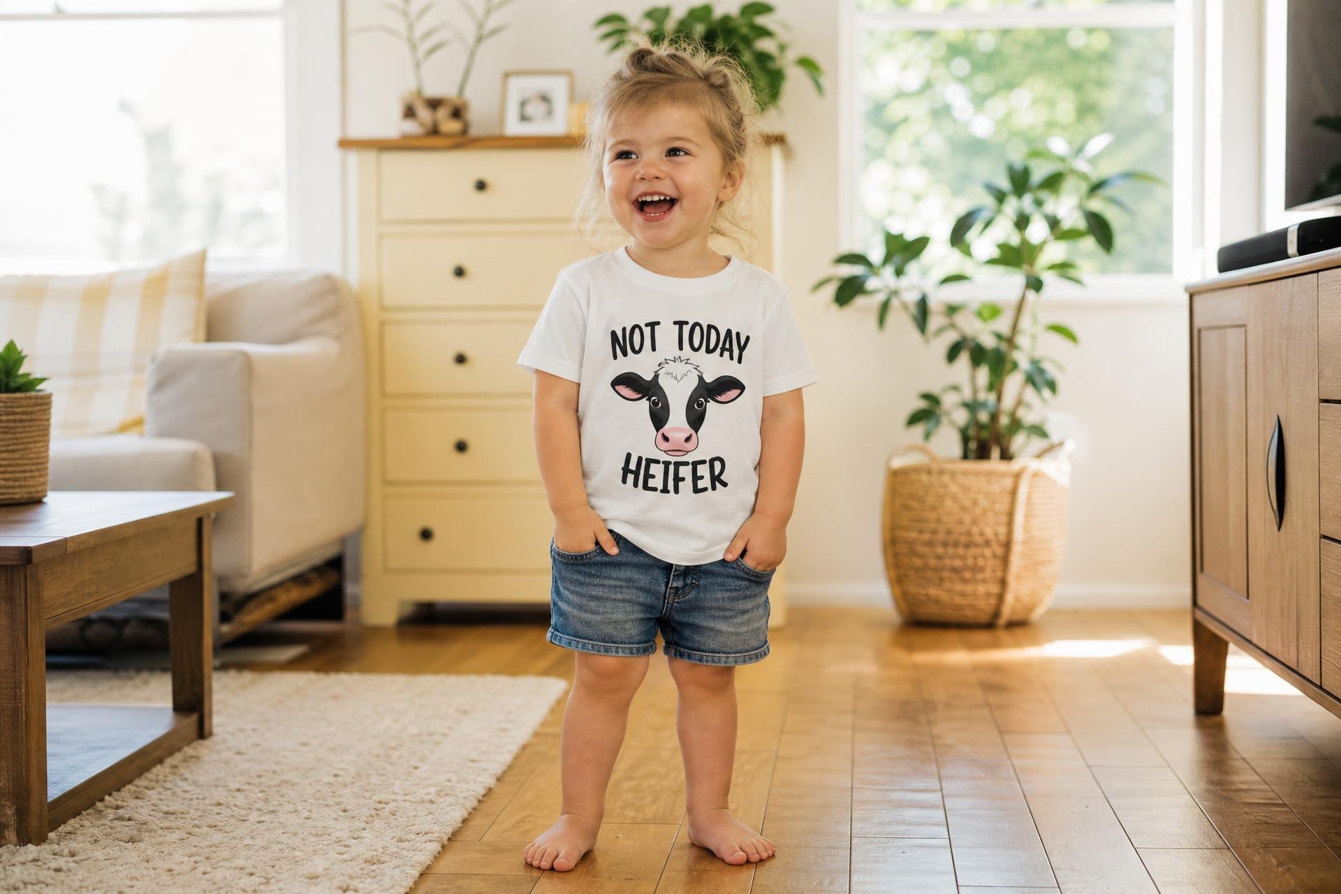 Toddler laughing in the Not Today Heifer tee in a sunlit living room